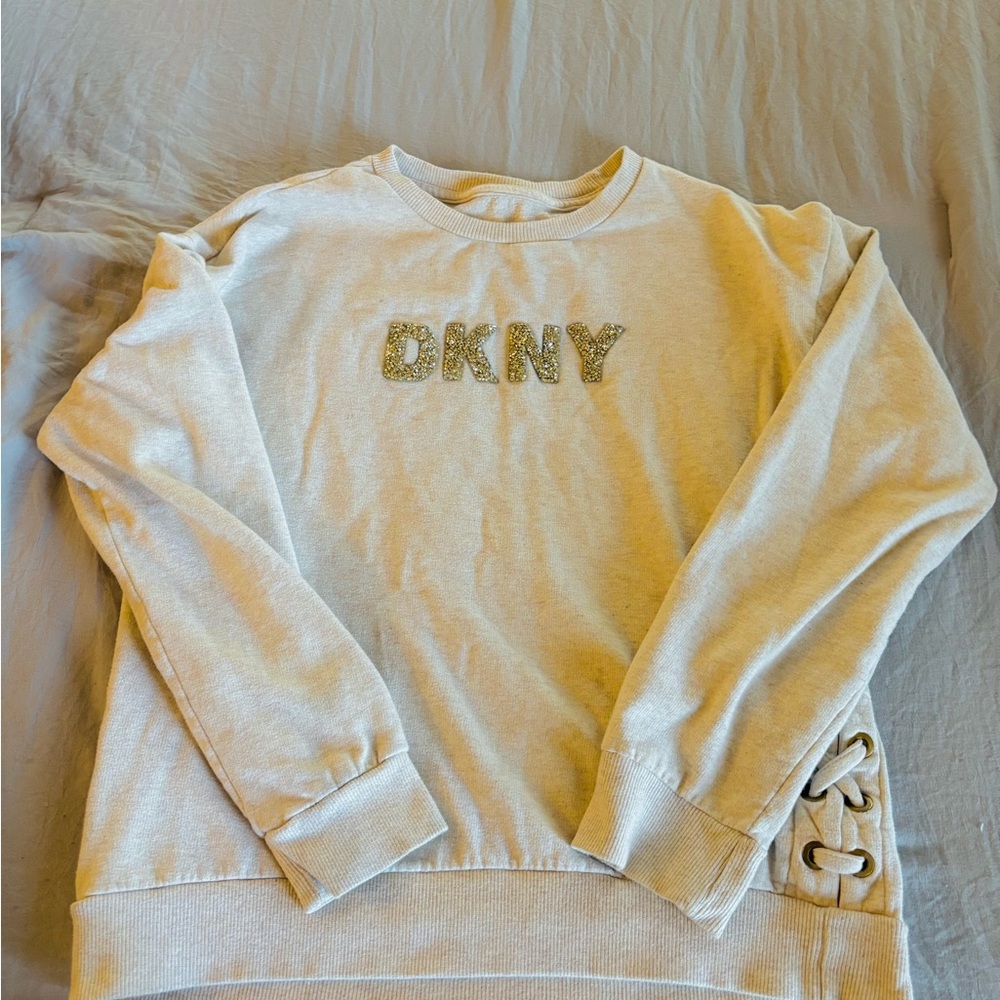 DKNY Cream Sweatshirt with Lace-Up Detail